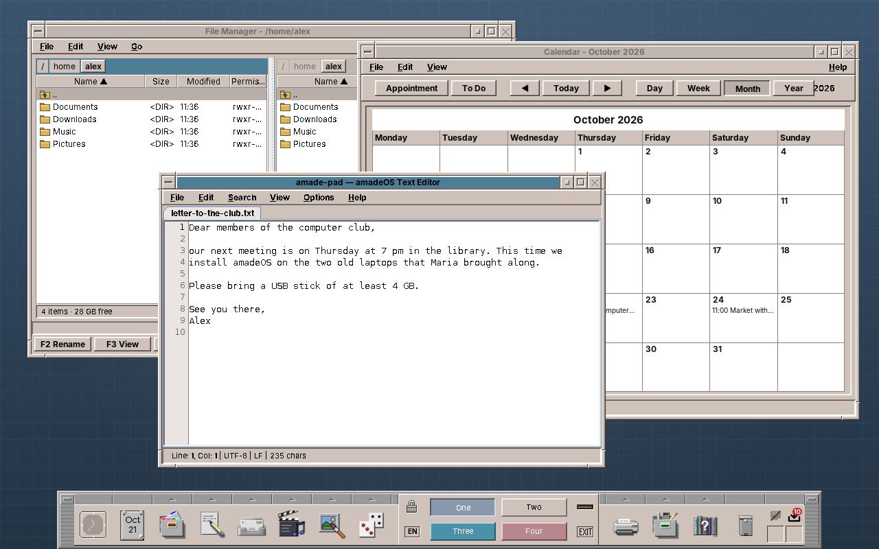 The amadeOS desktop with the Front Panel at the bottom and the File Manager, the Text Editor and the Calendar open